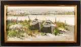 Sven Erik Lund, Winters besneeuwd landschap met boten, Olieverf op linnen