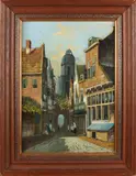 Monogram A.W., Stadsgezicht met figuren, Olieverf op paneel