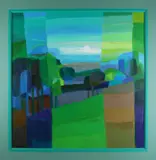 Ton Schulten, Coulissen landschap/Groene weide., Acryl op linnen