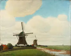 Dirk Baksteen, Landschap met molens, Olieverf op linnen