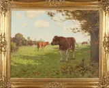 Evert Rabbers, Twents landschap met roodbont koeien, Olieverf op linnen