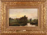 Atelier Evert Pieters, Paardenkar met figuren bij vrachtboot, Olieverf op paneel