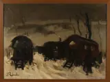 Jan Rijlaarsdam, 'Zigeunerkamp in sneeuw'., Olieverf op linnen