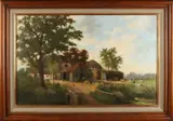H.J. Veger, 'Boerderij met boer, kippen en koeien'., Olieverf op linnen
