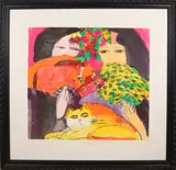 Wallasse Thing, Twee dames met paard en kat, Zeefdruk op papier