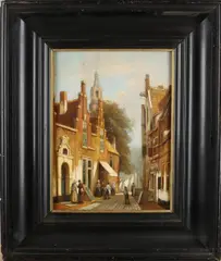 Heinrich Adolf Valentin Hoffmann, Hollands stadsgezicht met figuren, Olieverf op linnen
