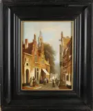 Heinrich Adolf Valentin Hoffmann, Hollands stadsgezicht met figuren, Olieverf op linnen