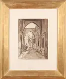 Willem Frederik Noordijk, Arabische dorpsstraat met figuren, Sepia op papier
