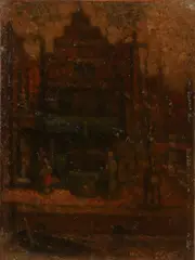 Henri van Daalhof, Stadsgezicht met figuren, Olieverf op paneel