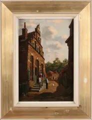 J. Smit, Hollands dorpsgezicht met figuren, Olieverf op paneel