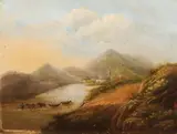 Onduidelijk gesign., Riviergezicht met dorp, boten en figuren., Olieverf op paneel