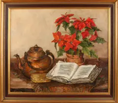L. Verburgh, 'Stilleven met appelketel, boek en bloempot'., Olieverf op linnen
