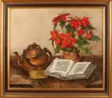 L. Verburgh, 'Stilleven met appelketel, boek en bloempot'., Olieverf op linnen