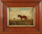 Landschap met paarden by Onduidelijk gesigneerd, Olieverf op paneel, offered Jan 2018