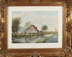 H. Endlich, Boerderij met knotswilgen en boerin, Aquarel op papier