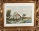 H. Endlich, Boerderij met knotswilgen en boerin, Aquarel op papier