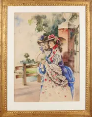 2 dames bij poort by Gesigneerd rechtsonder, Aquarel op papier, offered Jan 2018
