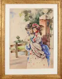 Gesigneerd rechtsonder, 2 dames bij poort, Aquarel op papier