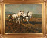 B. Kaspers, 'Paardenspan met ploeg en boer op akker'., Olieverf op linnen