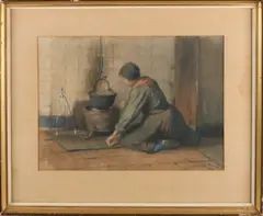 Henri Dievenbach, Boerin bij het koken, Aquarel op papier
