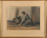 Henri Dievenbach, Boerin bij het koken, Aquarel op papier