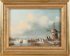 H. van Dijk, Hollandse winter met ijspret, Olieverf op paneel
