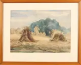 Enschede Rien Visser, Korenschoven + Boer met stro., Eén aquarel, Korenschoven