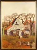 S. Kramer, 'Houten huisje met duiven bij boerderij'., Olieverf op linnen