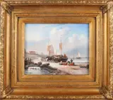 H. Balman, Bomschuiten met figuren op strand, Olieverf op paneel