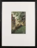 Willem Zwart, Antiek pand met figuur op brug, Aquarel op papier