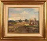 Onduidelijk gesigneerd, Landschap met korenschoven, Olieverf op linnen