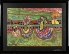 Hundertwasser 1928 -, 'Landschap'., Reproduktie op papier