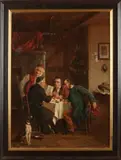 Tony Avenarius, 'Duitse taverne met figuren en Erstblatt zeitung'., Olieverf op linnen