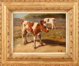 Fedor van Kregten, 'Twee kalveren in weiland'., Olieverf op linnen