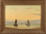 J.W. Gruyter, 'Zeilschepen op zee bij avondlicht'., Olieverf op linnen