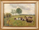 Onduidelijk gesigneerd, 'Koeien in landschap'., Olieverf op linnen