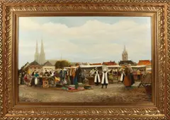 'Marktgezicht' by F.L. Corsius, Schilderij met imposante lijst ! Olieverf op linnen, offered Oct 2017
