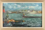 J.G. Duinster, 'Havengezicht op Rotterdam'., Olieverf op linnen