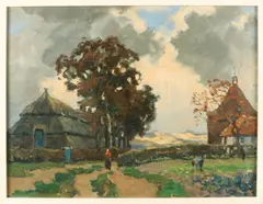 Martin van Waning, 'Duinlandschap met boerderij en figuren'., Olieverf op linnen