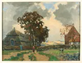 Martin van Waning, 'Duinlandschap met boerderij en figuren'., Olieverf op linnen