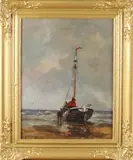 Gesigneerd G. v. de Laan, 'Bomschuit op strand met figuren'., Olieverf op linnen