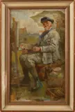 Gesigneerd De La Riviere, 'Man onder parasol'., Olieverf op linnen