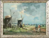 L. Garrington, 'Landschap met windmolens'., Olieverf op paneel