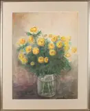 Pit van Loo, 'Glazen vaas met gele bloemen'., Aquarel op papier