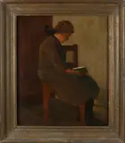 Onduidelijk gesigneerd linksonder, 'Vrouw op stoel met boek'., Olieverf op linnen