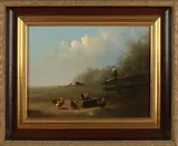 E. Maas, 'Landschap met kippen', Olieverf op paneel