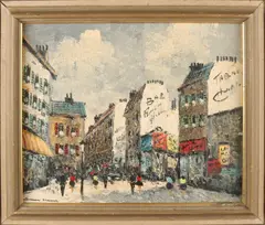 Simon Kramer, 'Frans stadsgezicht'., Olieverf op linnen (gaatjes)