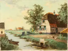 J.C. van der Heijden, 'Boerderij met sloot en kippen'., Olieverf op linnen