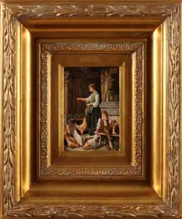 W. Raes, 'Kippen voeren'., Olieverf op paneel