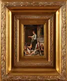 W. Raes, 'Kippen voeren'., Olieverf op paneel